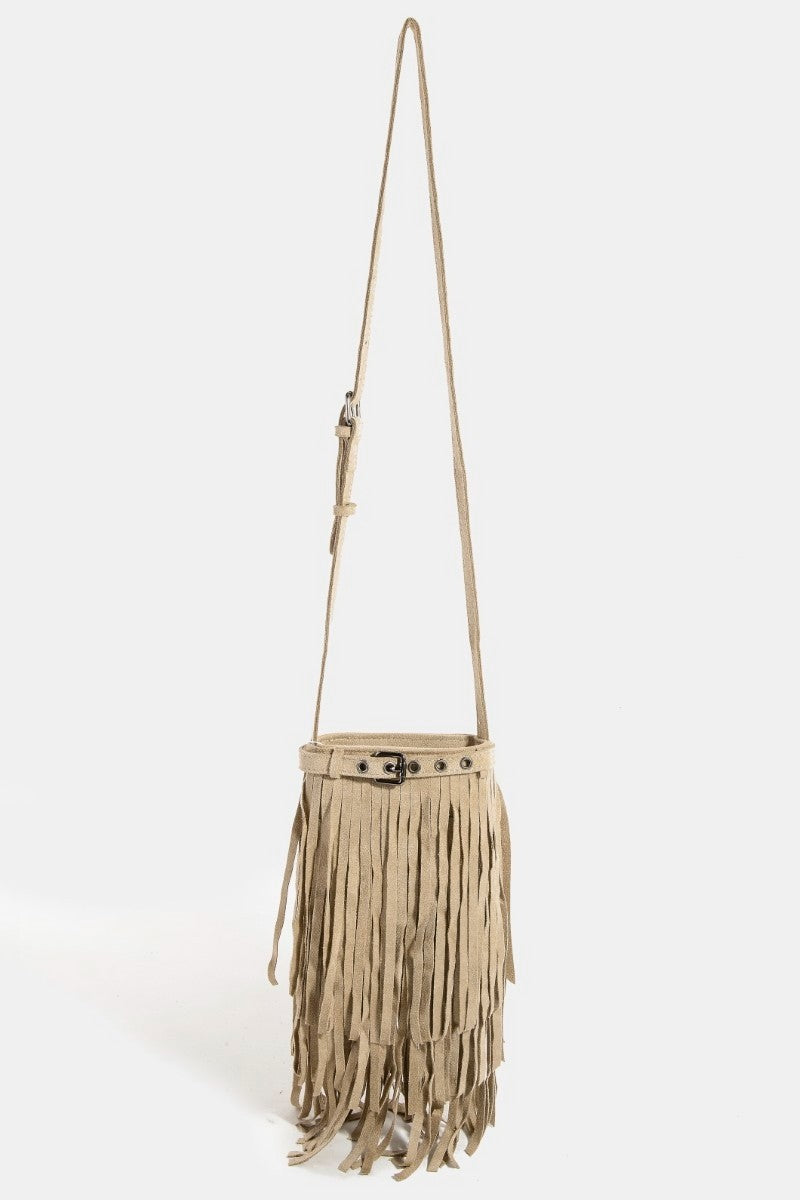 Long Fringe Bucket Shoulder Bag | Khaki
