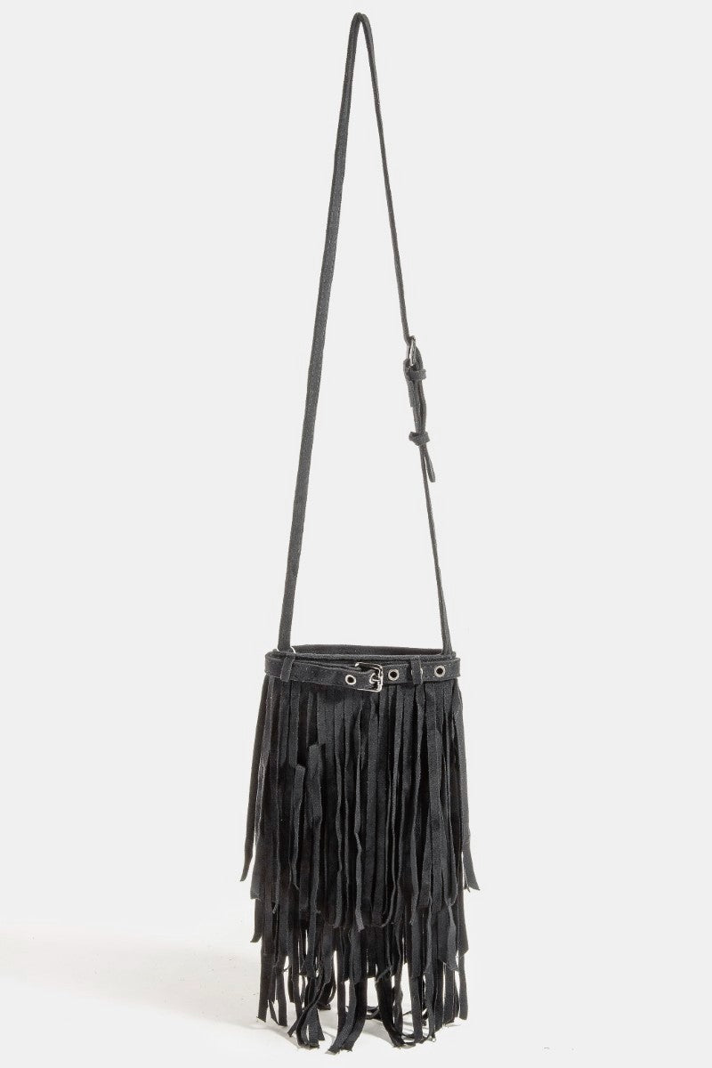 Long Fringe Bucket Shoulder Bag | Black