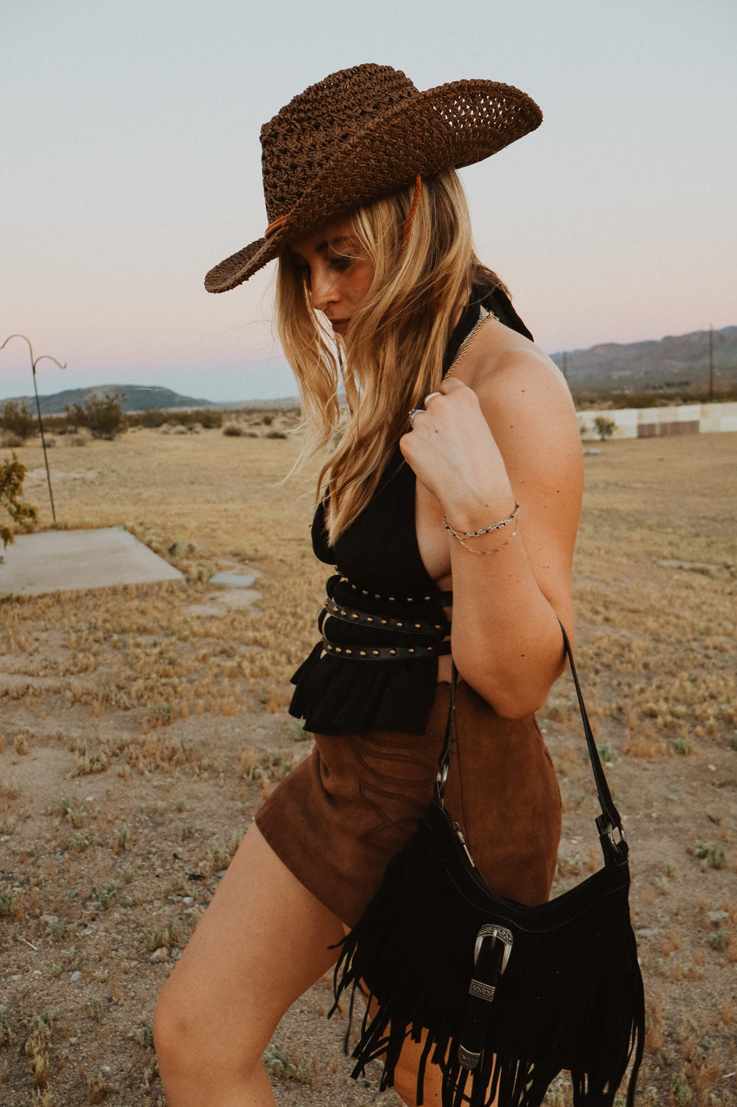 Roaming Travelers Handbags Black Western Buckle Fringe Shoulder Bag