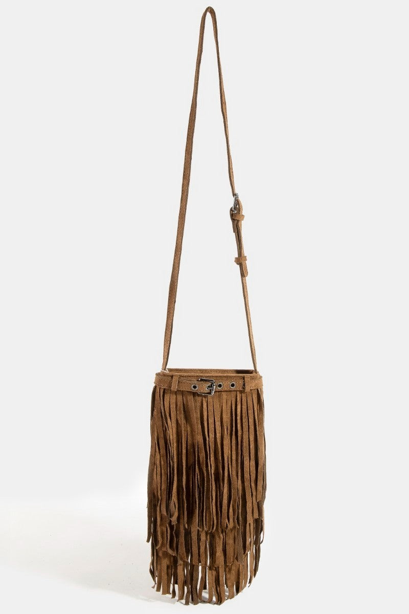 Long Fringe Bucket Shoulder Bag | Dark Brown