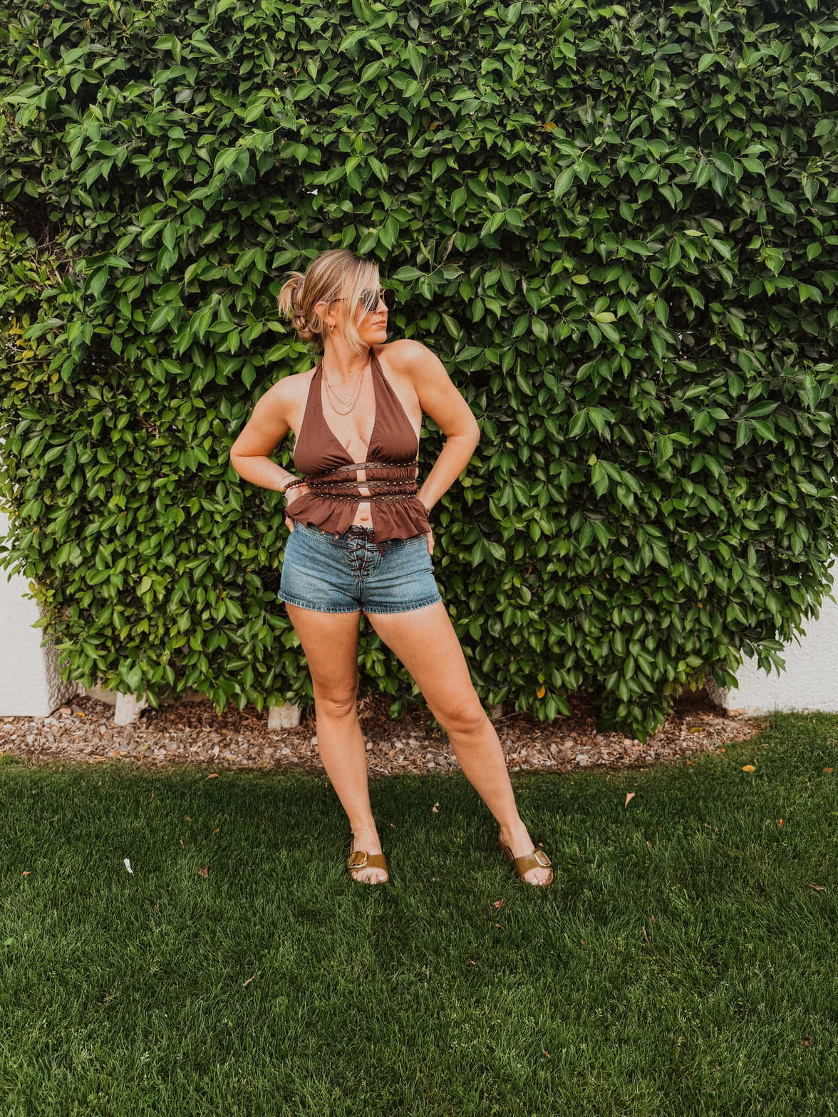 Indie Western Split Front Studded Halter Top