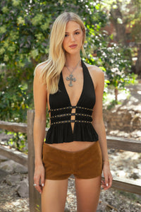 Indie Western Split Front Studded Halter Top