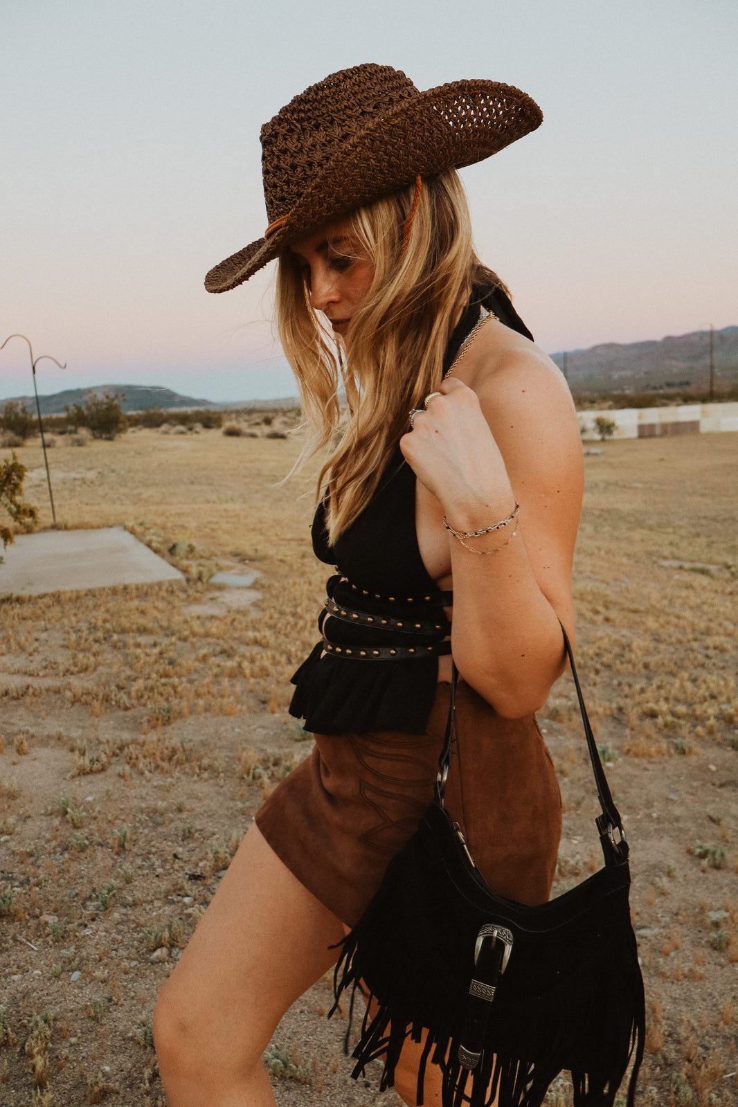 Roaming Travelers Handbags Black Western Buckle Fringe Shoulder Bag