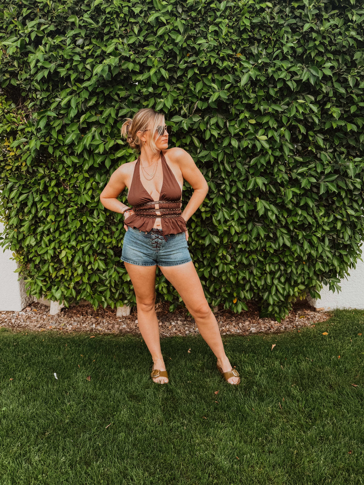 Roaming Travelers Shirts & Tops Indie Western Split Front Studded Halter Top