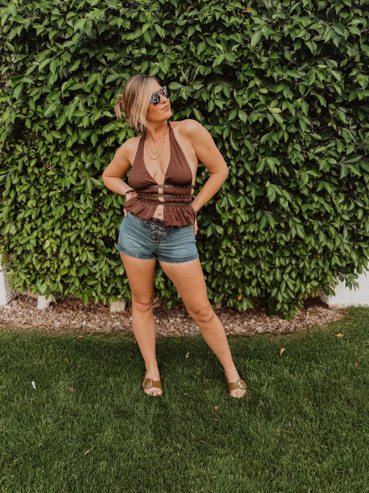 Roaming Travelers Shirts & Tops Indie Western Split Front Studded Halter Top